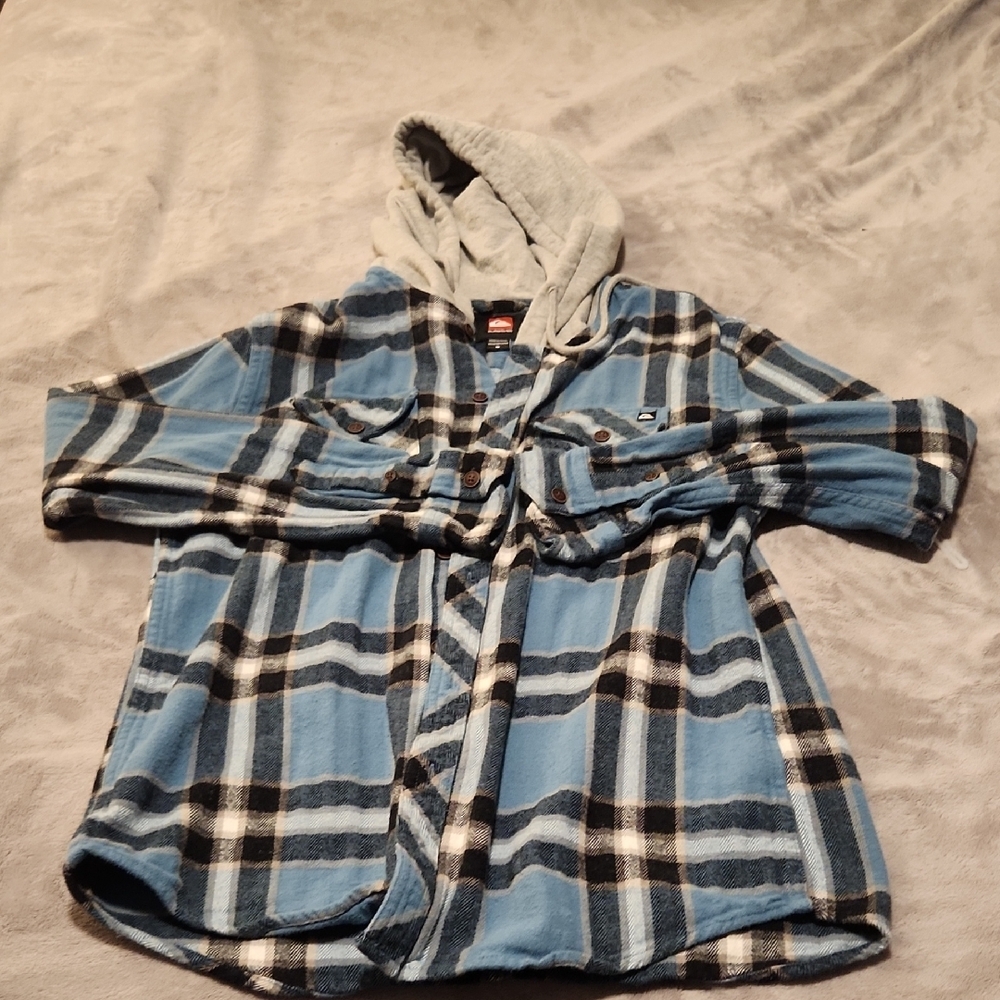 Quiksilver Blue and Gray Plaid Hooded Jacket Men's Small